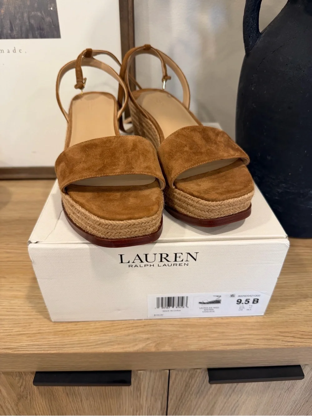 Ralph Lauren Cognac Suede Espadrille Platform Sandals